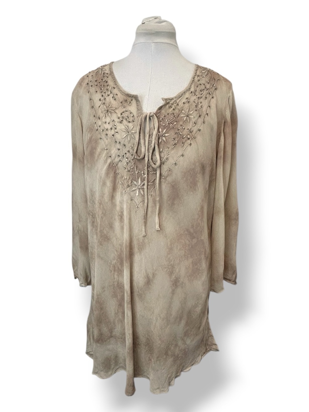 Newport News Women’s Plus Long Sleeve Embellished Tie-Neck Tunic w/Cami Tan 16